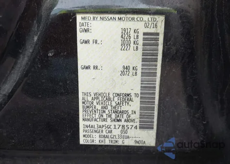 2016 Nissan Altima 2.5/2.5 S/2.5 Sl/2.5 Sr/2.5 Sv z USA, uszkodzony, nr VIN 1N4AL3AP5GC178574